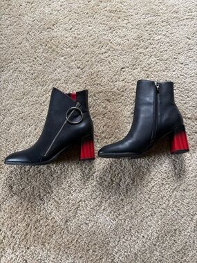 Black Ankle Booties with Red Heel and Silver Ring Zip